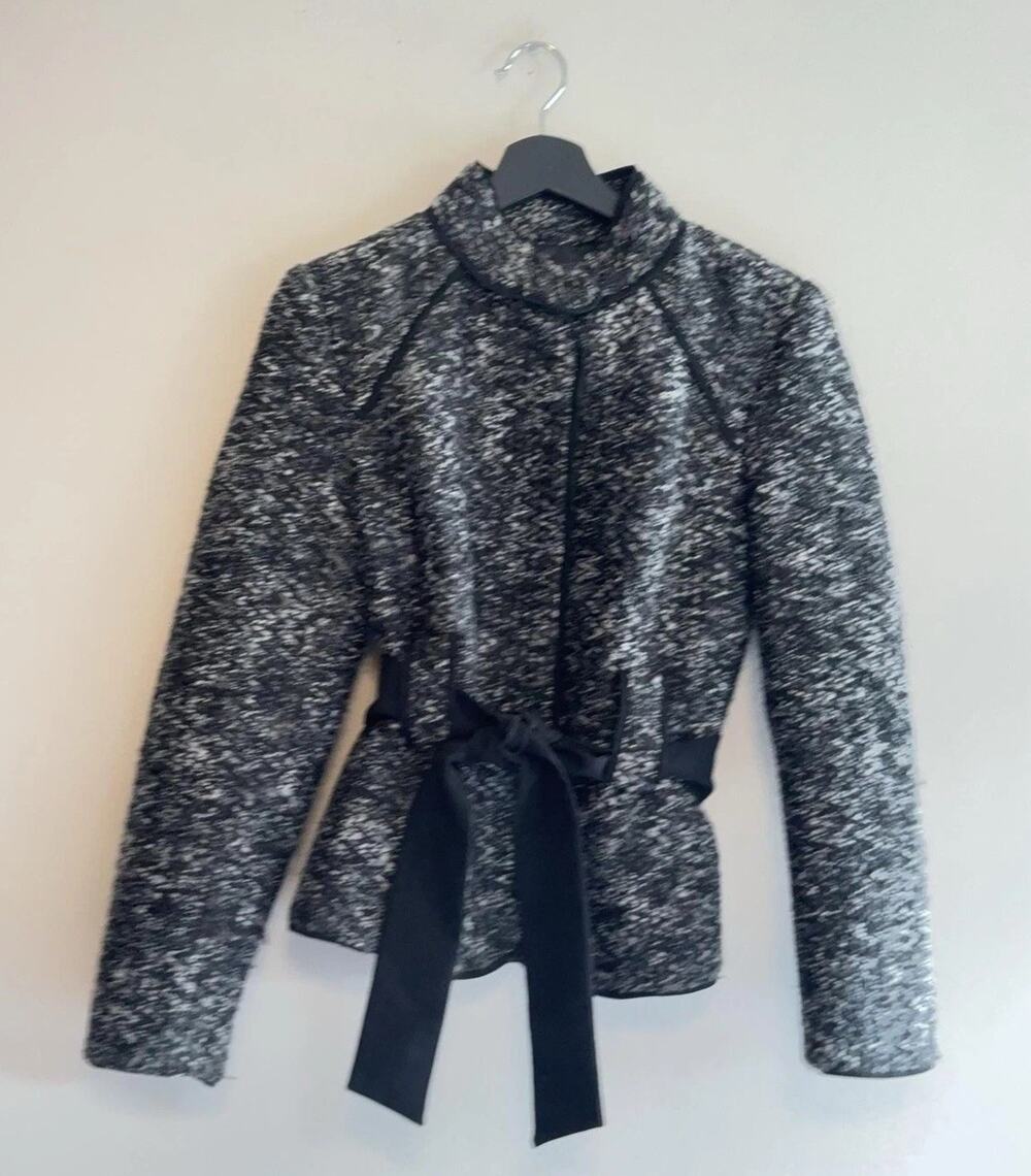 Sandro Jacket Womens Medium Gray Tweed Belted Stand Collar Lined Short